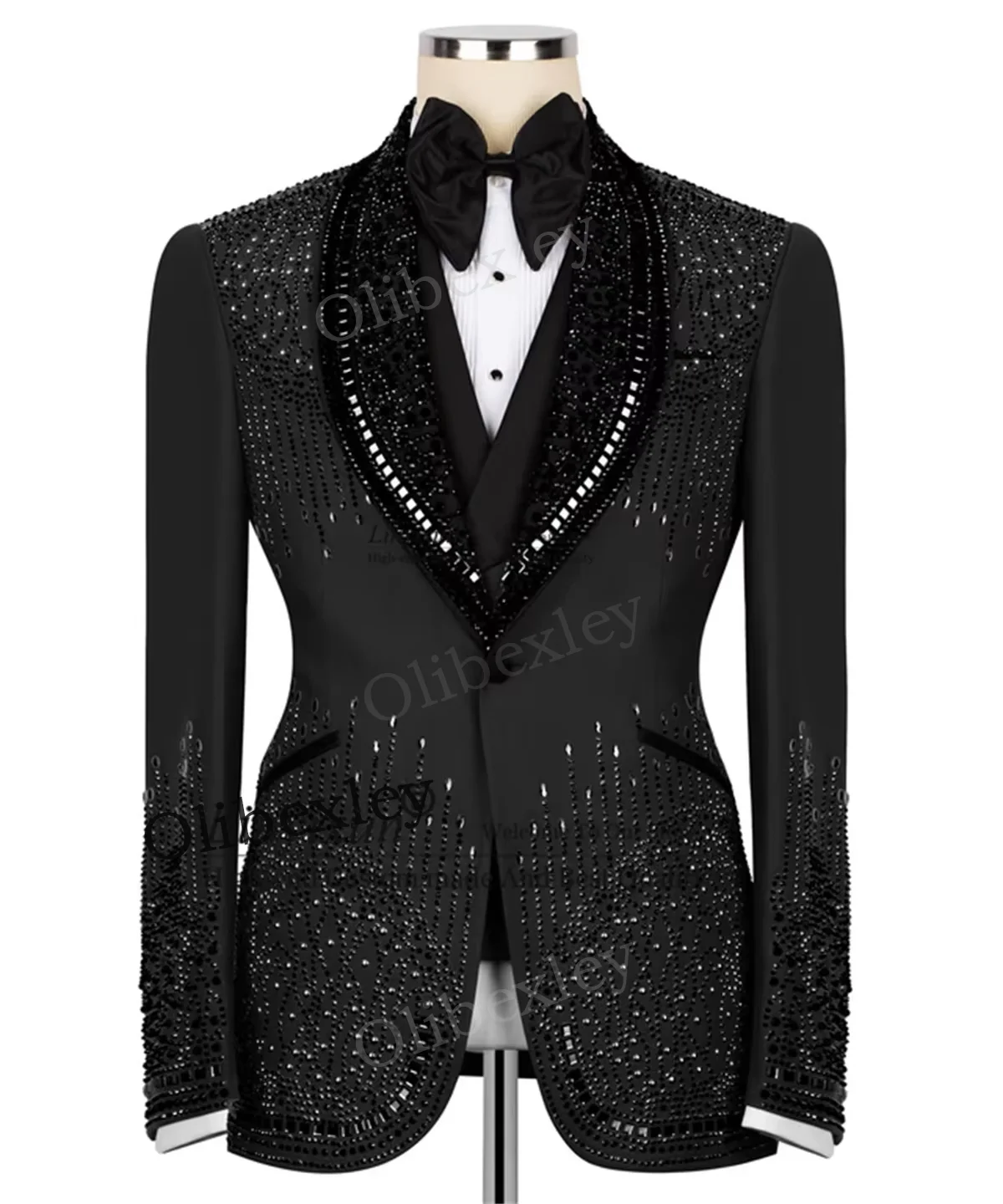 عالية الجودة سليم صالح سهرة 2 قطعة مجموعة دعوى للرجال الزفاف العريس الفاخرة مخصصة رسمية الأسود مطرز بلورات البدلة #1