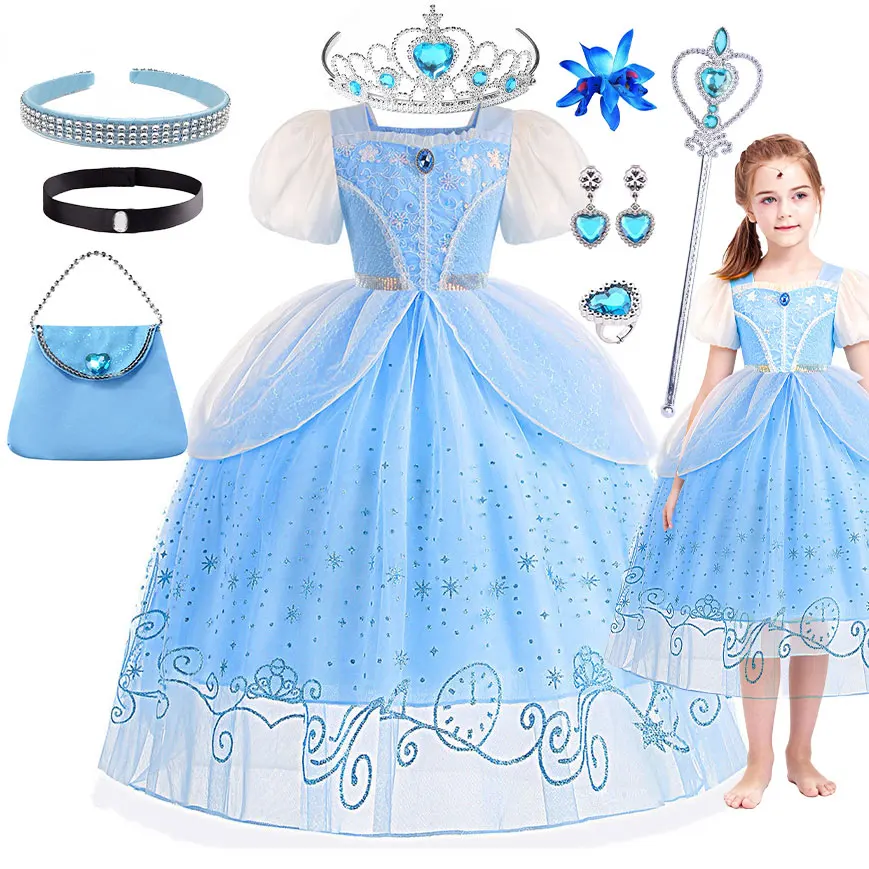 Robe de Cendrillon en Verre pour Enfant, Tenue d'Anniversaire, Robe de Princesse en Dentelle pour l'Été, Jupe Bouffante, Déguisement de Fête d'Halloween et de Carnaval