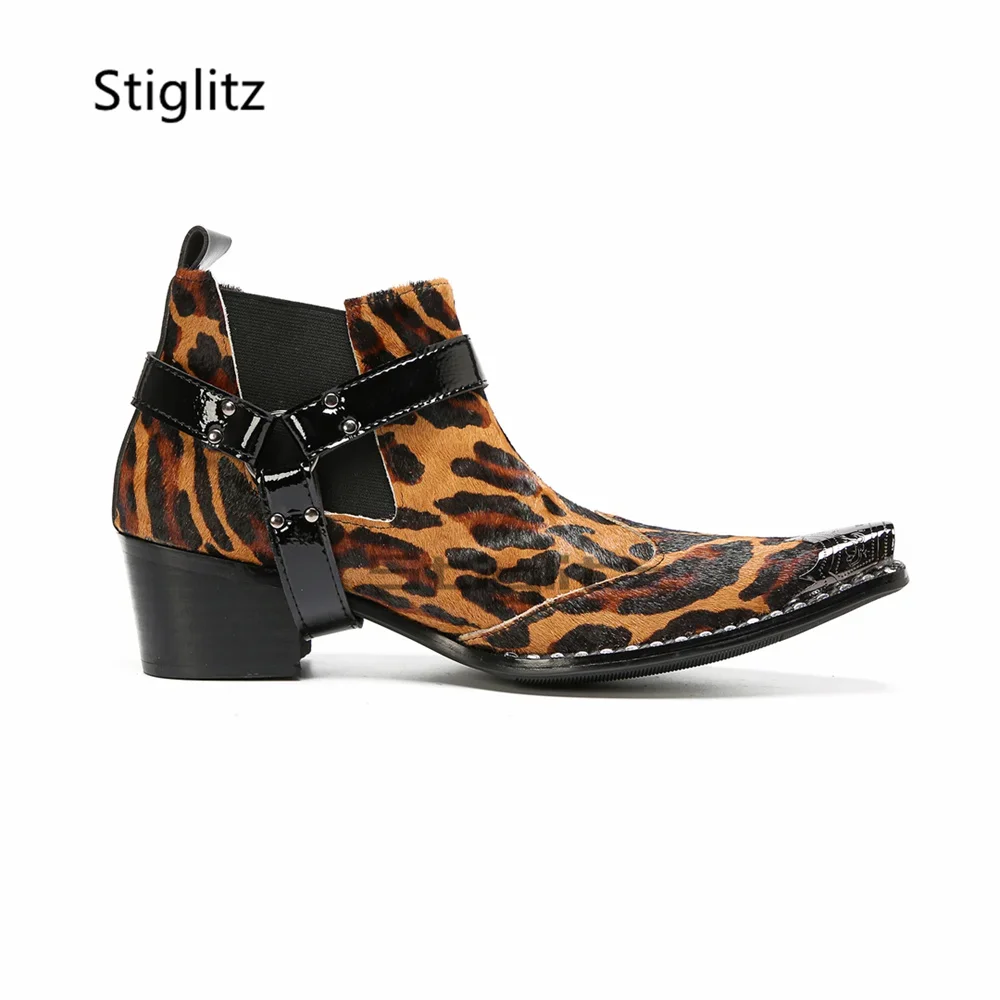 Botas Chelsea de Pelo de Caballo con Estampado de Leopardo para Hombre, con Punta Metálica, Tacón Alto, Estilo Slip-On con Correa de Hebilla, Botines para Fiesta y Negocios