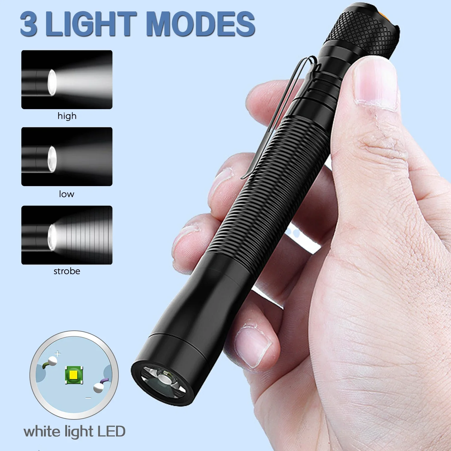 Portable Aluminum Alloy Powerful LED Flashlight with Pen Clip Outdoor Emergency Mini Torch Camping Flashlights Waterproof