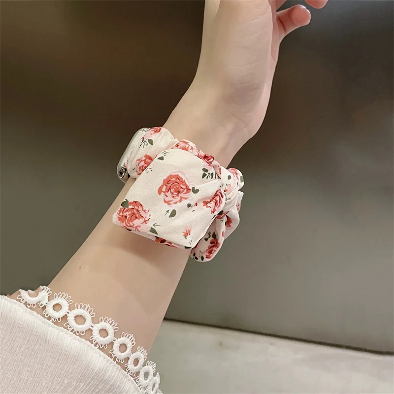 Korea Cute Bow Hair Band Strap For Apple Watch Band 49mm 44mm 40mm 45mm 41mm Fashion Lady Elastic Strap Band For watch 9 8 7 6 5