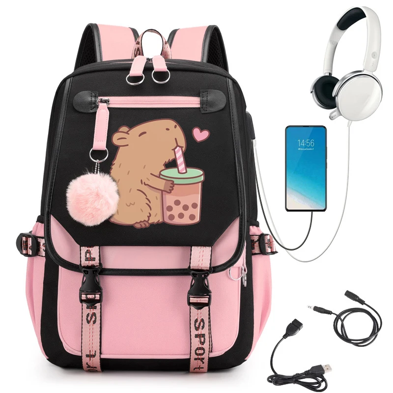 Teenage Bookbag Nylon Rucksack Cute Capybara Loves Bubble Tea Fashion Girl Backpacks Women Shoulder Bag High School Schoolbag