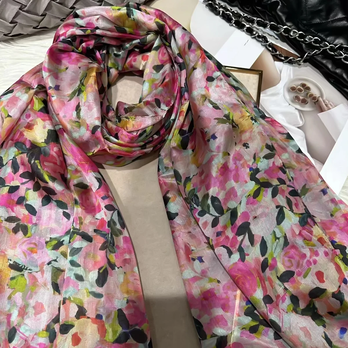 New Women Pink 100% Silk Scarf Hijab Bufandas Fashion Chinese Rose Floral Design Long Neck Head Scarves Beach Shawls Foulard