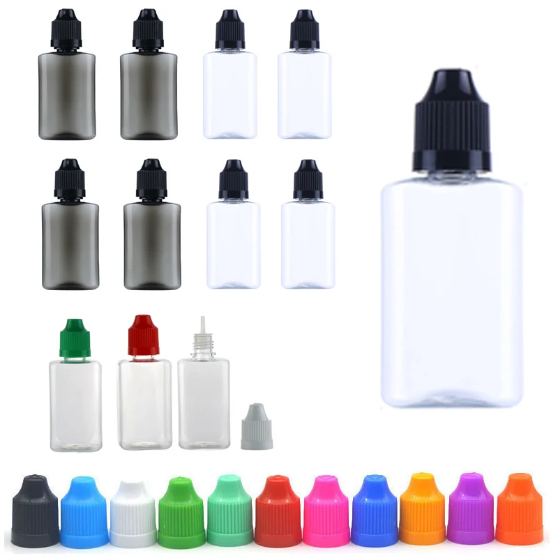 

100Pcs 30ml Travel Refillable Plastic Flat Squeezable Dropper Bottles Eye Liquid Drop Vials Vape Oils Container Long Tips Caps