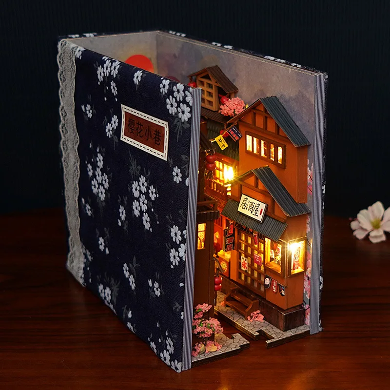 DIY Wooden Cabin 3D Stereoscopic Bookstand Assembly Model with Battery Sakura Lane Time Exquisite Decoration Handmade Toys Gifts