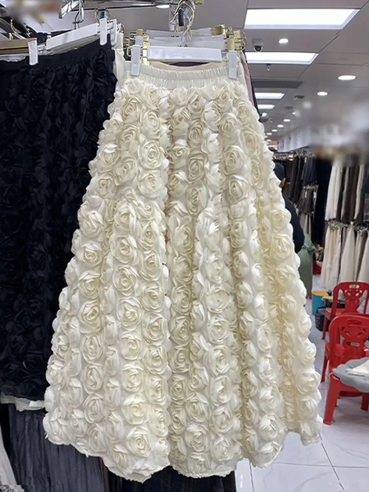 2025 Spring Summer Women High Waisted White Beige Black Applique Rose Flower A Line Skirt , Woman Designer Fashion Skirts