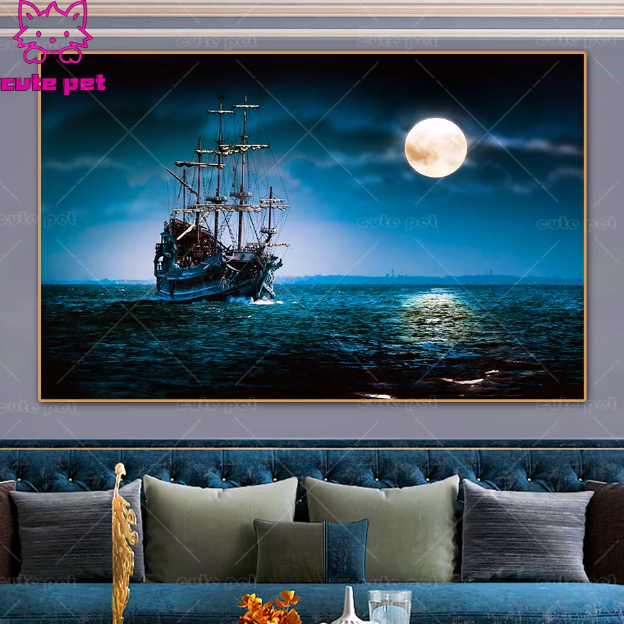 DIY Diamond Embroidery Under the moon Sailing boat sea 5D Diamond Painting rhinestone pictures Full drill Home Decor Handmade