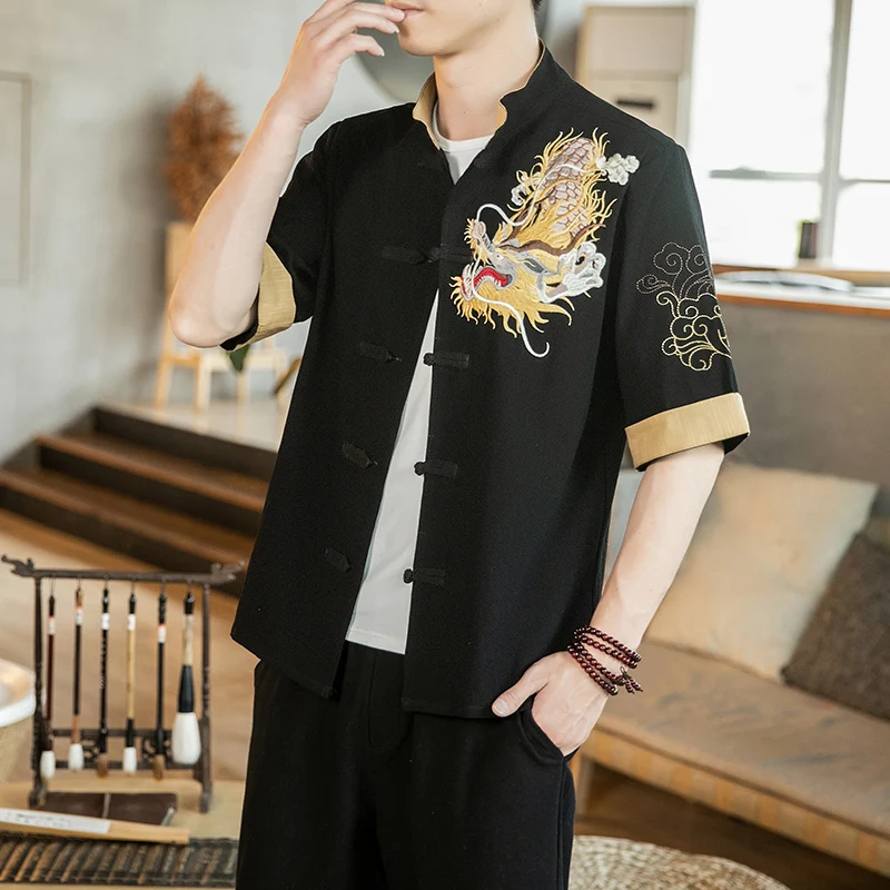 Embroidered Golden Dragon Men\'s Short Sleeve Shirts New Chinese Style Retro Stand Collar  Linen Cardigan Men\'s Kungfu Casual Top