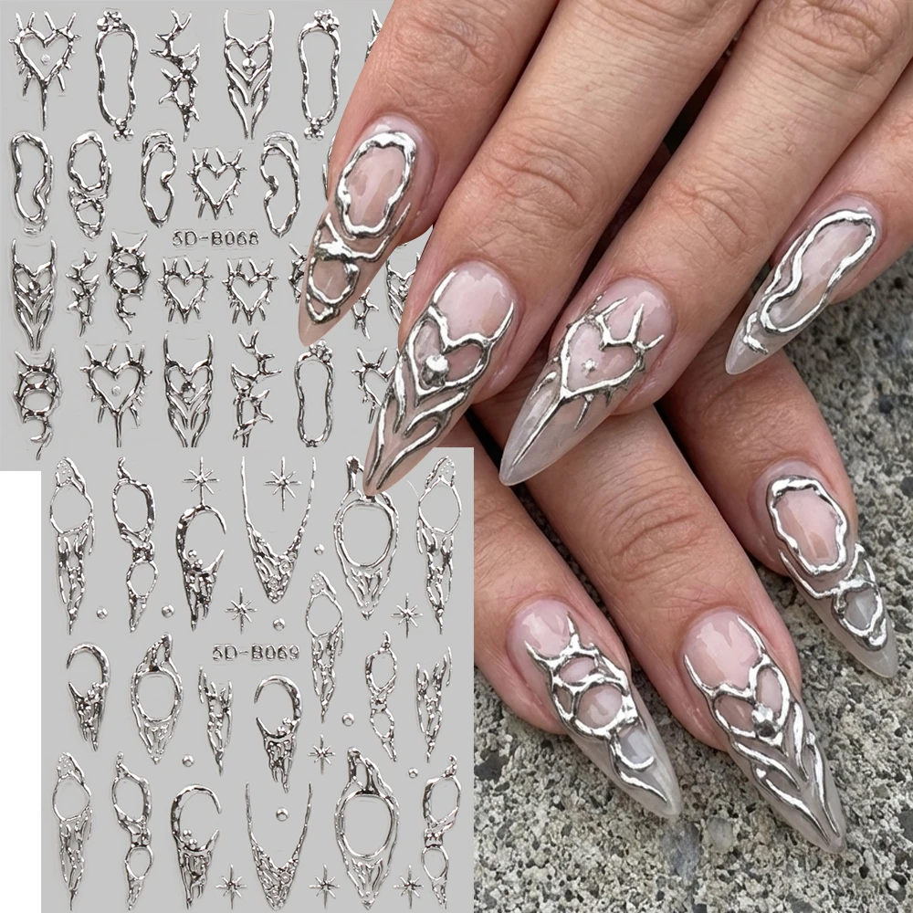 2pcs Vintage Thorns Y2K Nail Art Stickers 5D Embossed Gold Silver Moon Star Retro Style Nail Decals Adhesive DIY Manicure Decor