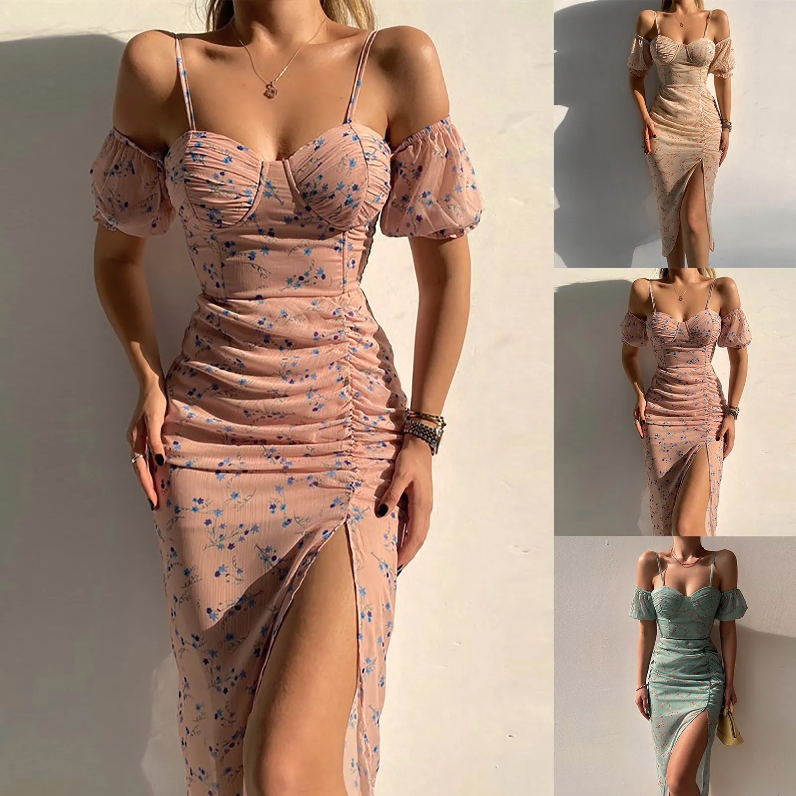 Damenkleider, sexy Blumendruck, Spaghettiträger, schulterfrei, rückenfrei, figurbetontes Kleid, elegante, tief ausgeschnittene Brustwickel-Partykleider