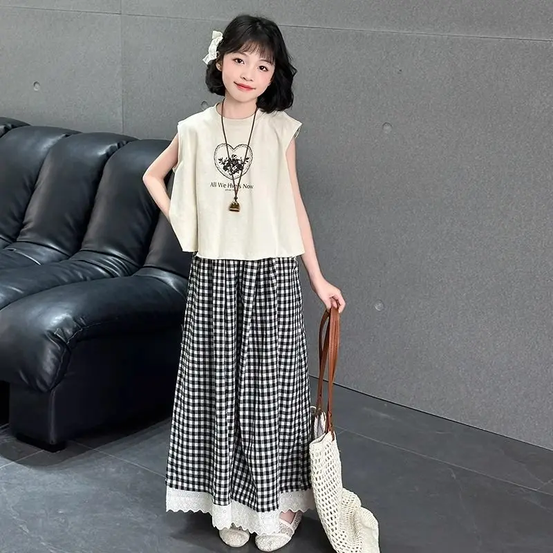 

Summer Teen Girls Clothes Set 2025 New Sleeveless Tops + Loose Plaid Pantskirt 2pcs Kids Suit Casual Children Clothing Tracksuit
