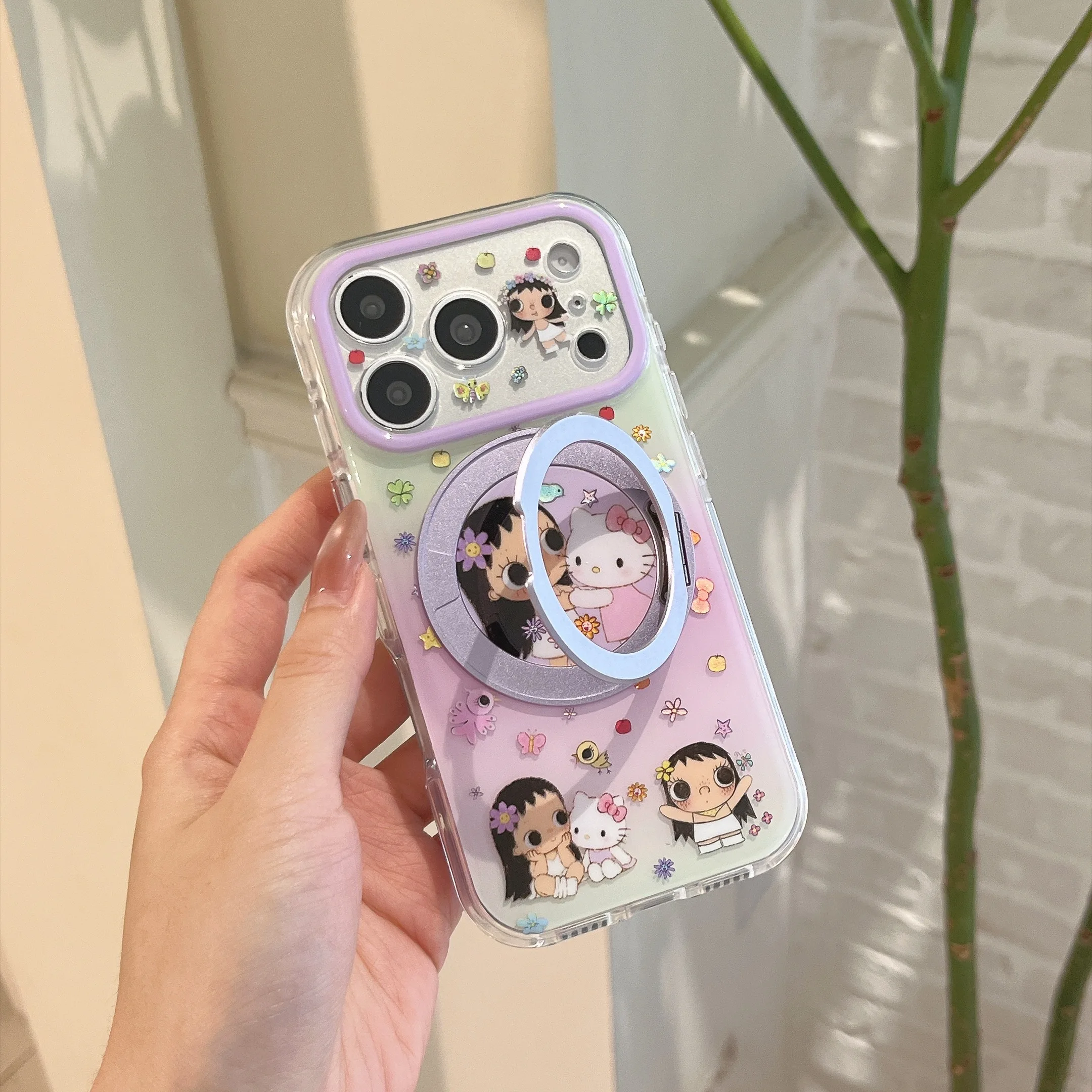 Cute Cartoon Girl And Kitty Floral Print Gradient Case For iPhone 17 Pro 16 15 Pro Max Rotating Holder Soft Protection Cover