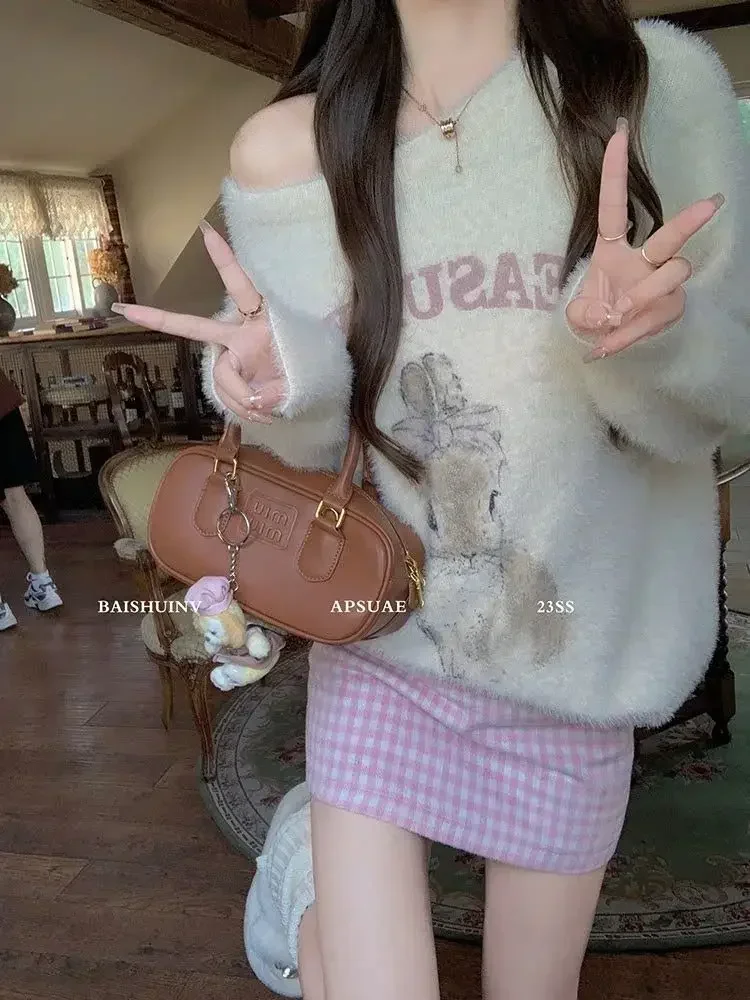 Korean Chic Sweet Cartoon Rabbit Graphic Knit Pullovers Loose Casual O-neck Pullovers 2024 Autumn Y2k Aesthetic Top Knitwear