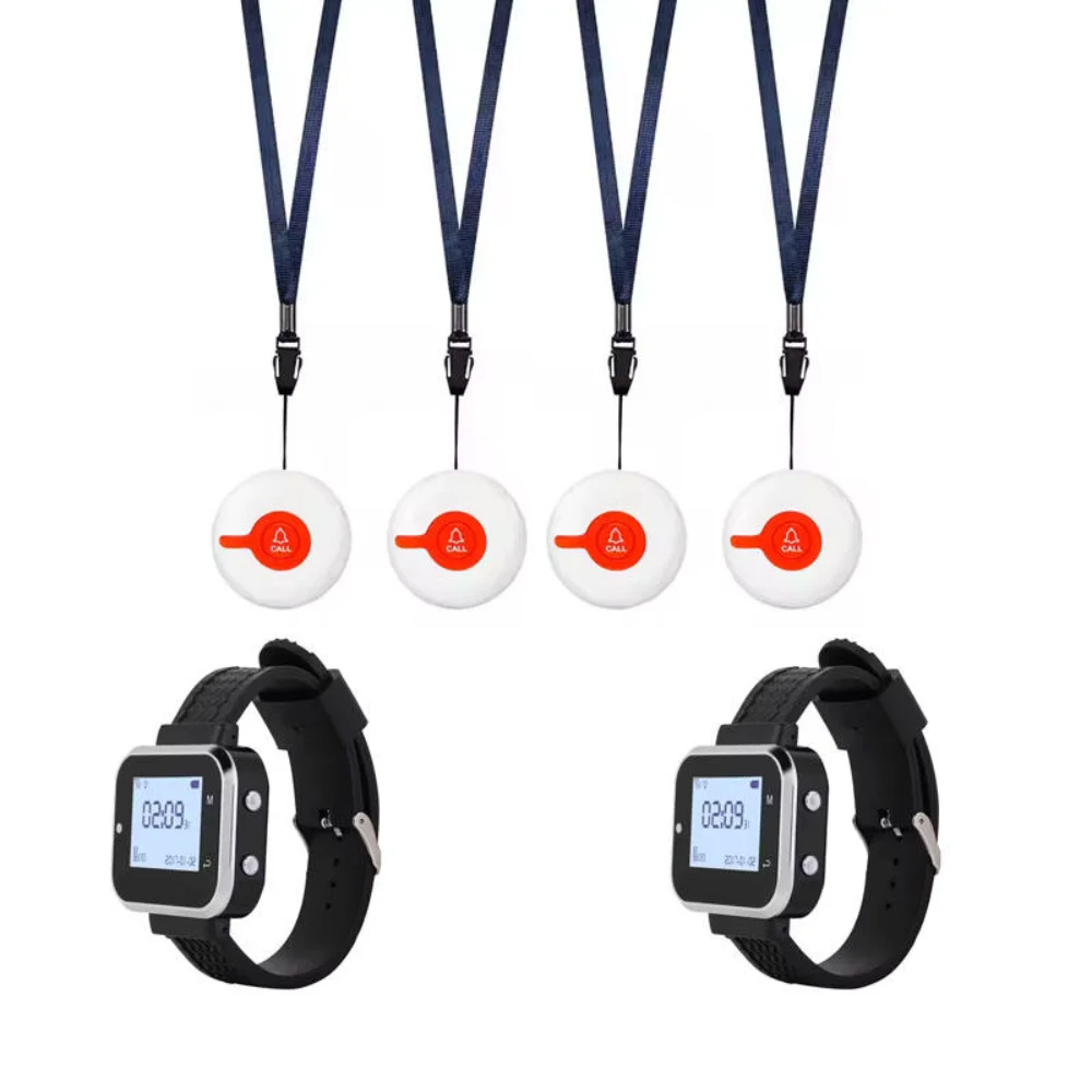 Hot Sales 4pcs Emergency Call Buttons 2pcs Watch Receivers Wireless Restaurant Calling System for Hospital Clinic Guest Service