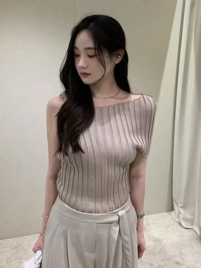 Top de Mujer de Moda, Tejido, de Un Solo Hombro, Manga Corta, E, Novedad de Verano, Diseño de Alta Gama, Cseta Moderna