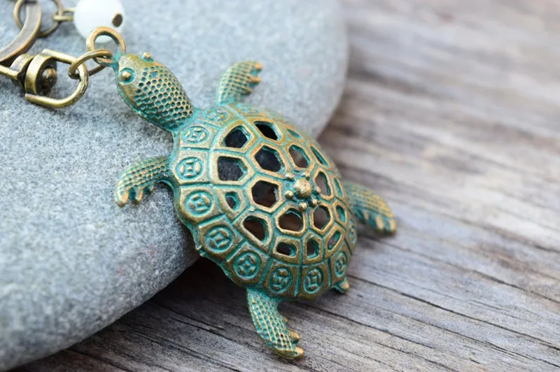 Glowing Tortoise Keychain Key Ring Glow In The Dark Sea Turtle Purse Chain In Verdigris Patina Bronze,Gift for Turtle Lover