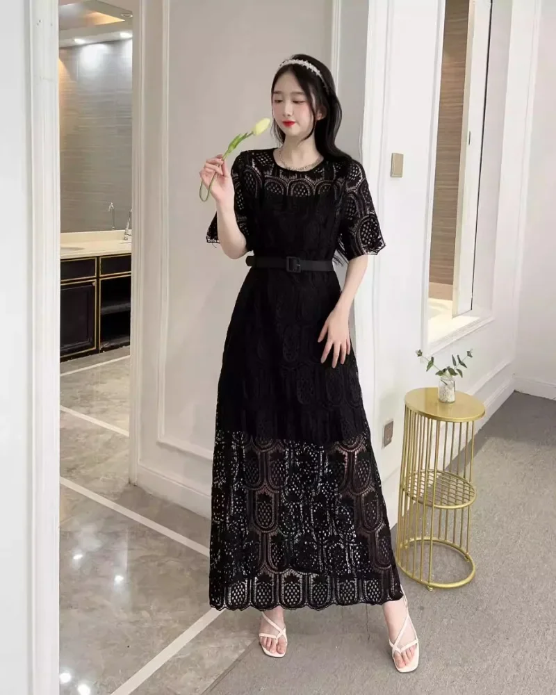 Hook Hoollow Hollow Out Elegant Lace Patchwork Dress Women Summer Fresh O-neck Short Sleeve Robe Solid Temperament Vestidos