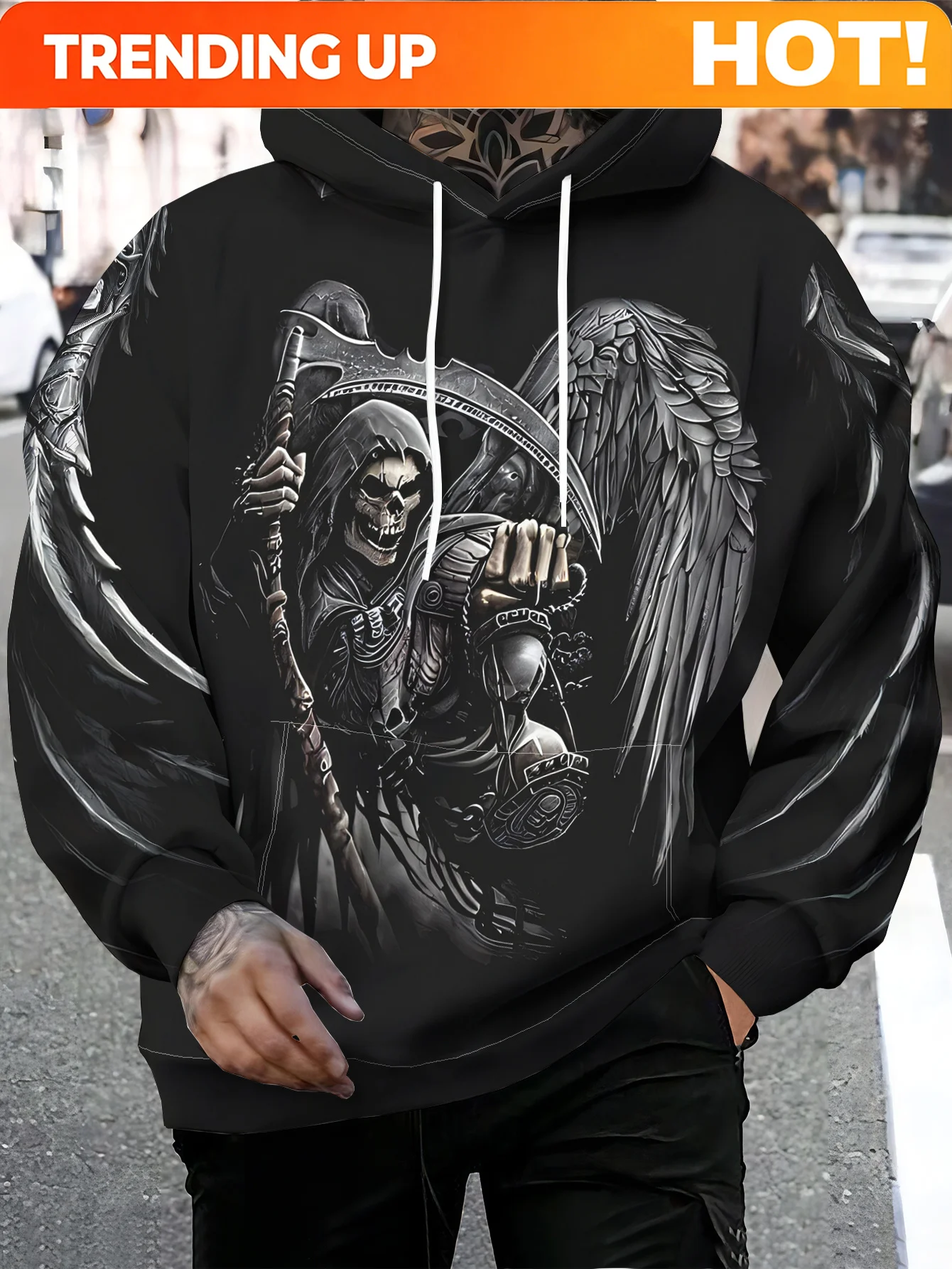 Customization Men's Skull Grim Reaper Holding A Scythe And Lantern Standing Among Wings Digital Print Pullover Hooded Sweatshirt