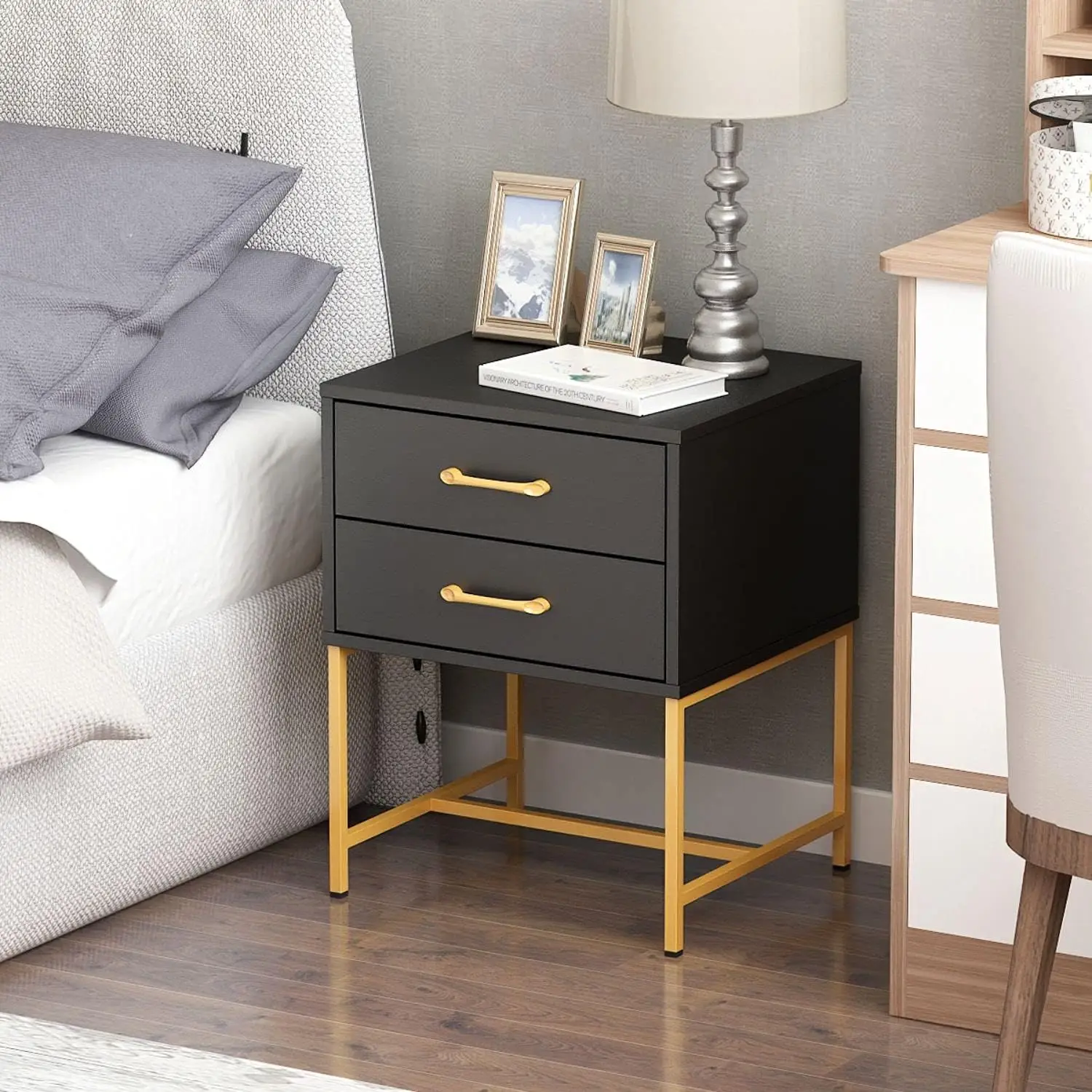 FAMAPY Nightstand Set of 2 with Drawers End Table, Modern Industrial Bedside Table with Metal Frame Side Table for Bedroom