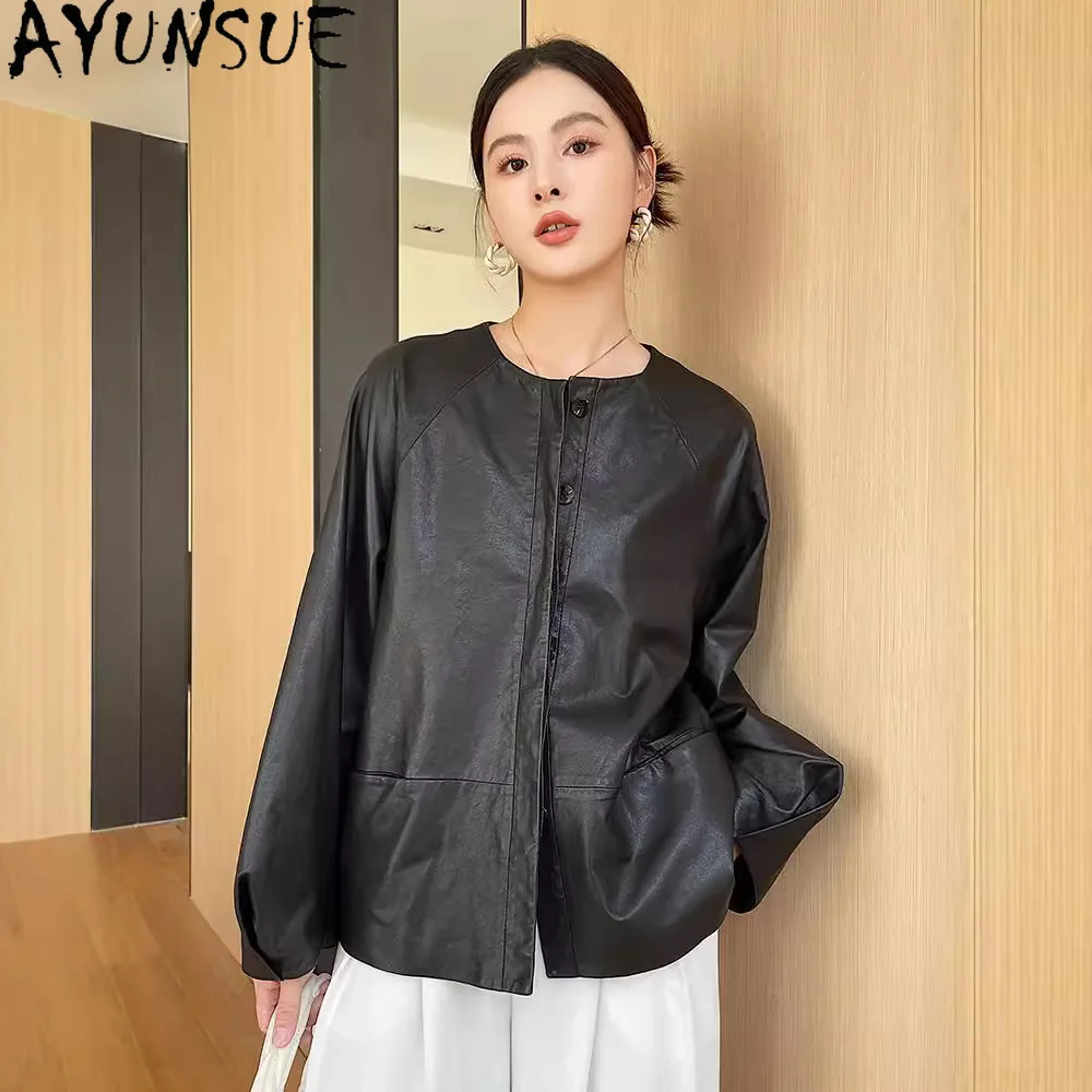AYUNSUE Genuine Leather Jacket Women 2025 Real Sheepsrekin Womens Jackets Black Spring Autumn Clothes Loose Fit Косуха Женская