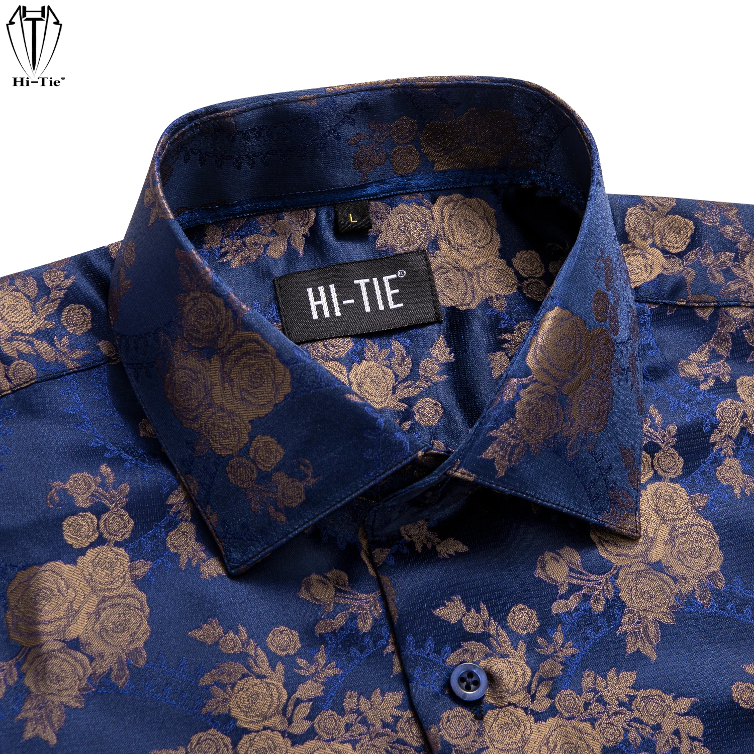 Hi-Tie Mens Silk Shirts Jacquard Paisley Floral Long Sleeve Lapel Shirt Blouse Outerwear Wedding Office Breathable High Quality