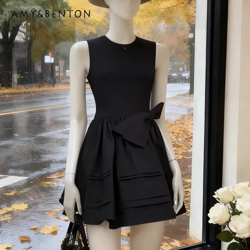 

French Design Black Bow Women's Dress 2026 Summer Round Neck High-end Temperament Slimming Sleeveless Vest Short Dresses Ladies