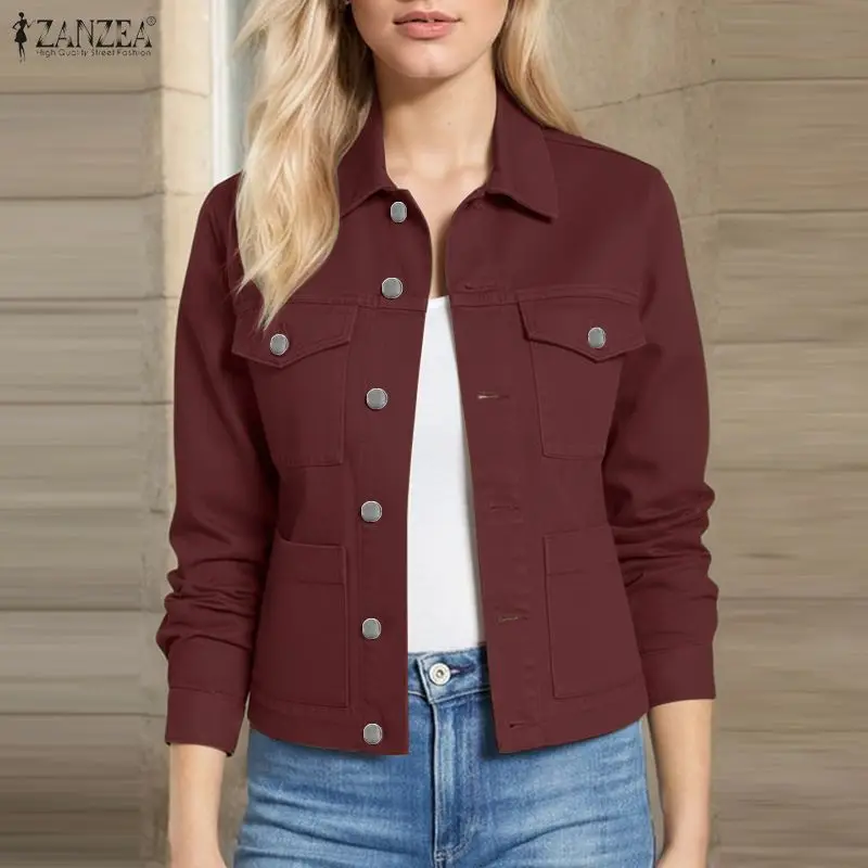 ZANZEA femmes automne chemises 2026 printemps revers cou à manches longues Blouse solide boutons haut Slim Fit mince manteaux vêtements d'extérieur de bureau