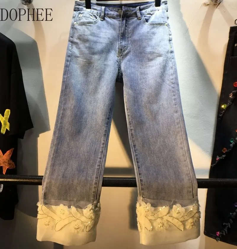 

2023 New Spring Summer Long Denim Trousers Ankle-length Stretch Straight Jeans Patchwork Gauze Beads High Waist Denim Pants