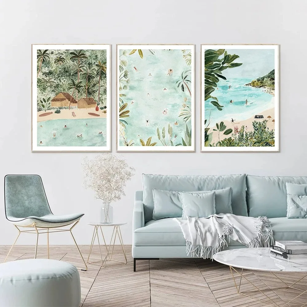 Sunlight Beach Swimming Pool Moroccan Tropical Swimmer Wall Art Canvas Painting and Printing Nordic Wall Images Living Room Deco