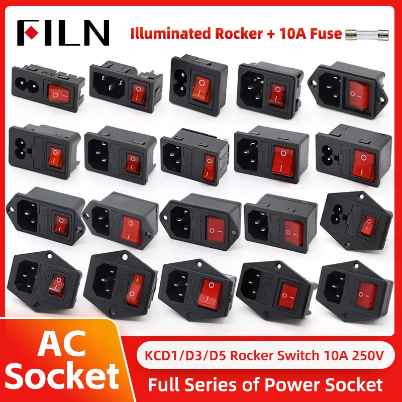 IEC320 C14 Electrical AC Socket 3 Pin Red LED 250V Rocker Switch 10A Fuse Female Male Inlet Plug Connector 2 Pin Socket Mount