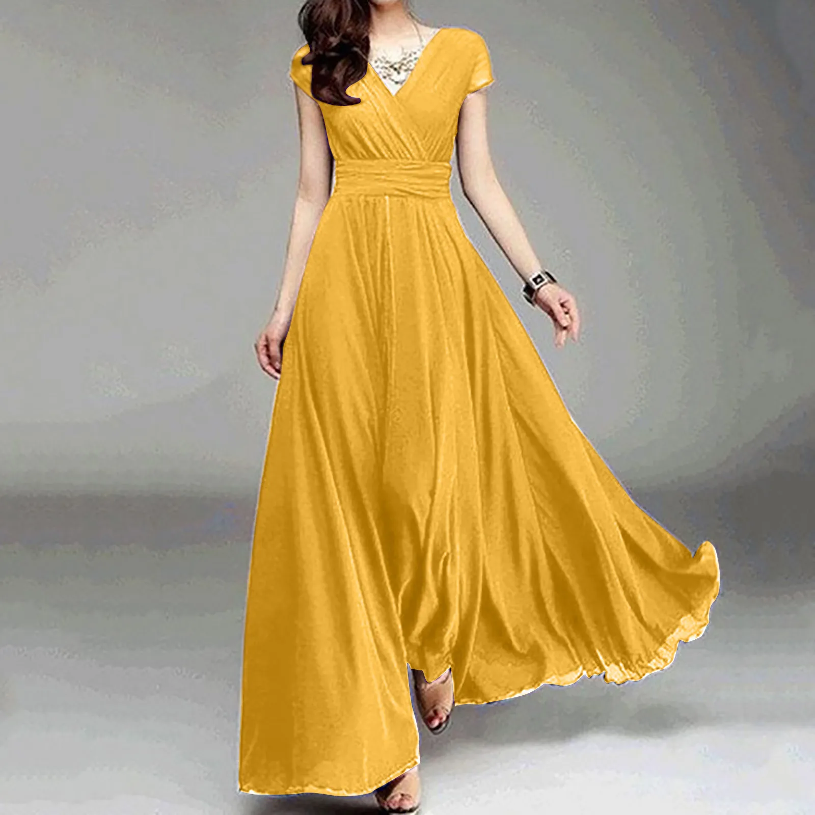 Elegant Maxi Dresses For Women Summer 2024 V-Neck Solid Color Short Sleeve Chiffon Waist Vestidos Evening Party Long Dress