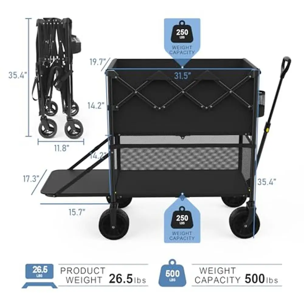 พับ Double Decker Wagon 47 "ยาว Extender รถเข็น 500lbs Heavy Duty All-Terrain ล้อโหลดสูงสุดพับยูทิลิตี้ Transporter