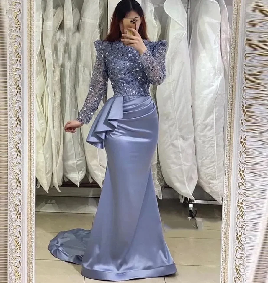 Luxury Evening Dress Glitter Sequin Top Mermaid Hip wrap Long Sleeves Pleats Arabic Women Formal Prom Gowns Robe De Soriee