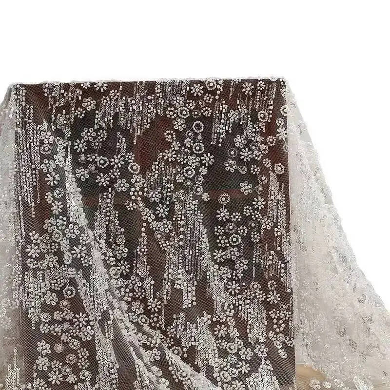

Кружевная ткань с жемчугом и блестками, ткань для свадебного платья, сценическая одежда, жемчужная ткань-труба