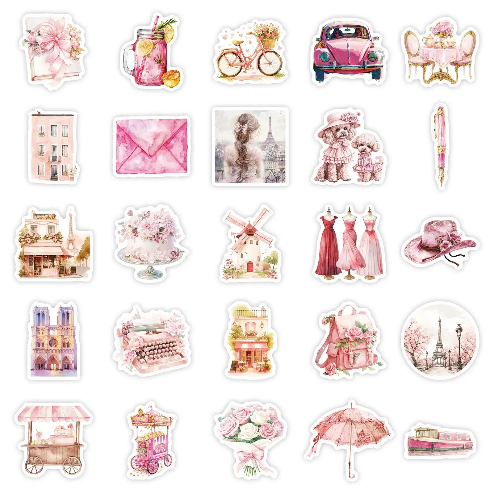 10/50PCS Vintage Pink Paris Eiffel Tower Girls Decoration Stickers DIY Diary Suitcase Phone Laptop Guitar Luggage Kawaii Sticker