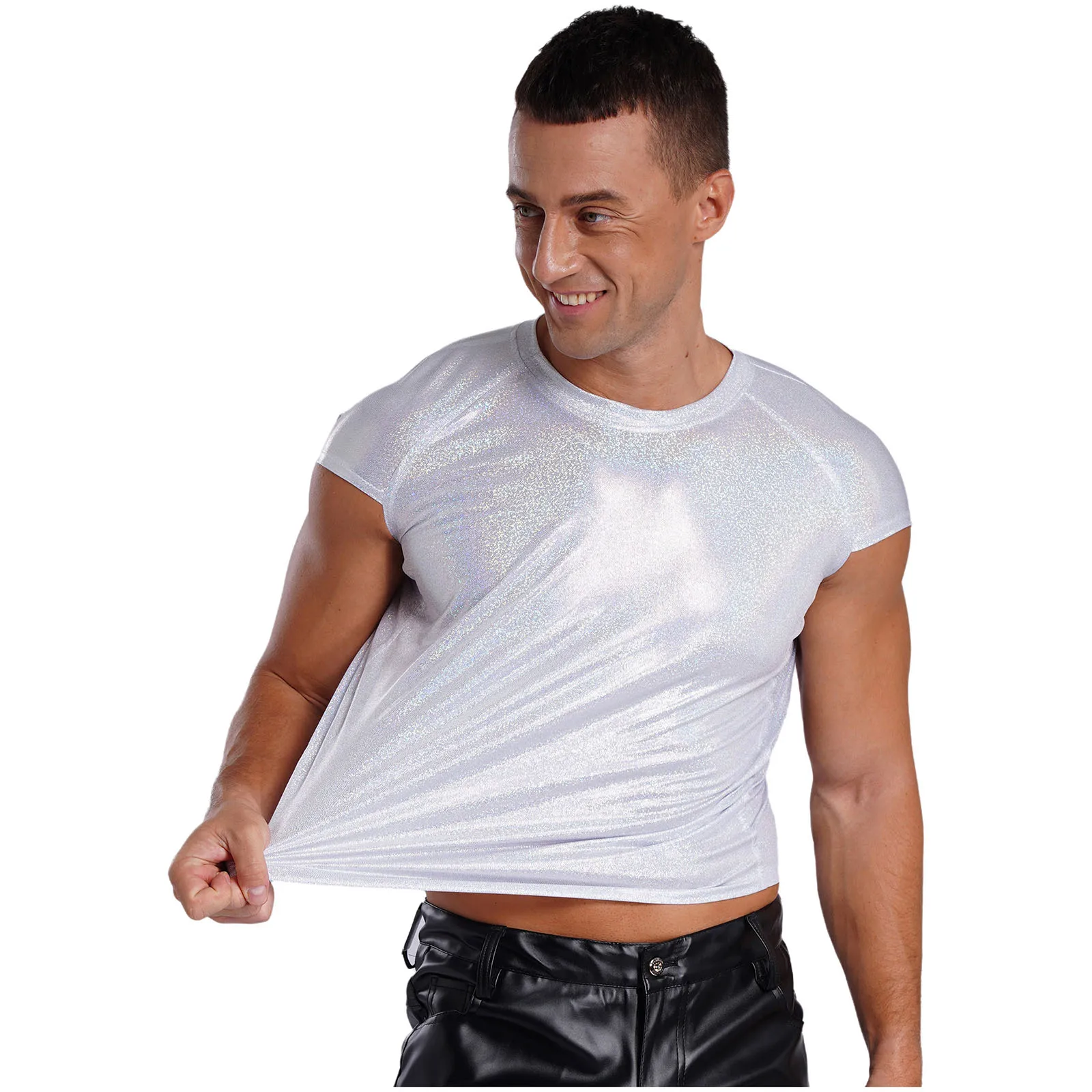 

Mens Metallic Shiny Dance Shirt Top Round Neck Batwing Sleeve Pullover T-shirt for Dancing Stage Performance Party Costumes