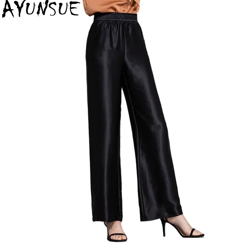 AYUNSUE 100% Mulberry Silk Pants Old Money Style Trousers Womens Office Wear Wide Leg Pants Women Summer Clothes Pantalones 2024