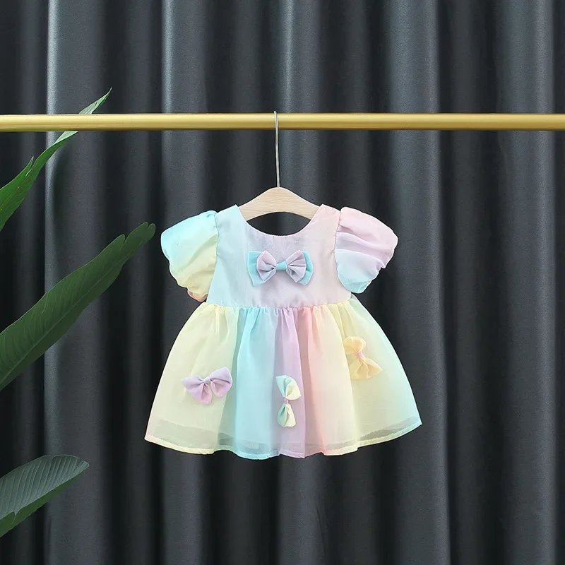 Children's clothing girl's dress summer new color bow sweet gradient bubble sleeve children's princess skirt