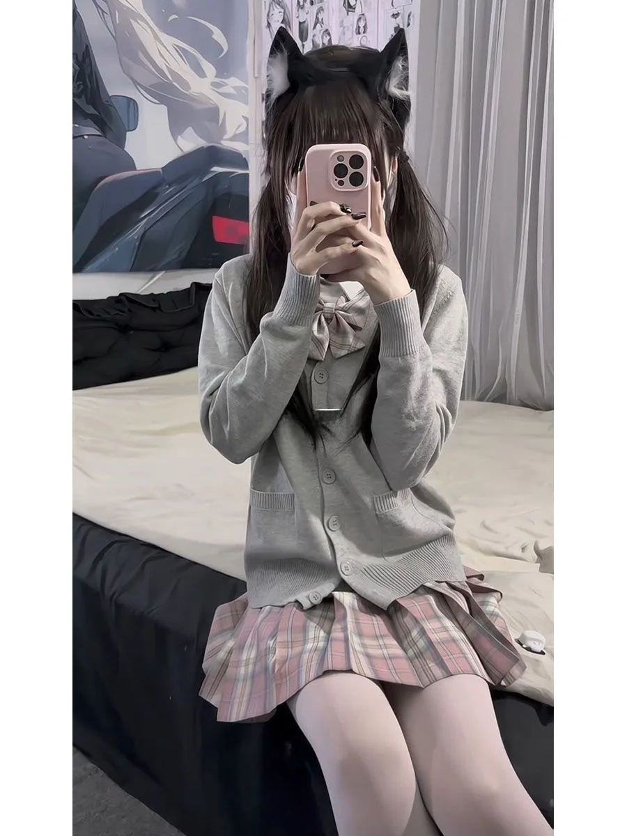 

Японский Sle JK orm цветной вязаный свитер, кардиган, женский студенческий комплект с оригинальной клетчатой юбкой, осень-зима