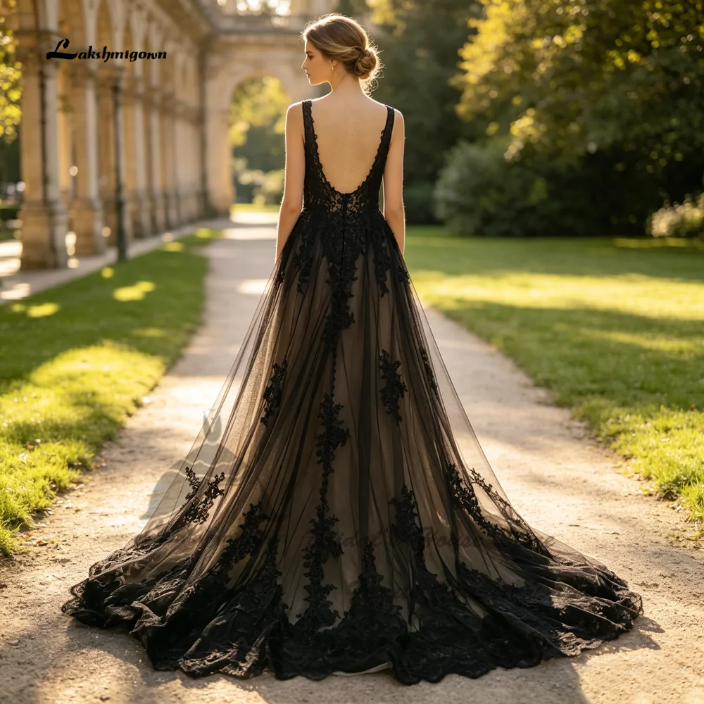 Lakshmigown Gothic Schwarzes Hochzeitskleid Rückenfrei 2026 Vintage Garten Brautkleider Tiefer V-Ausschnitt Vestidos de Novia Maßanfertigung – Detail 3