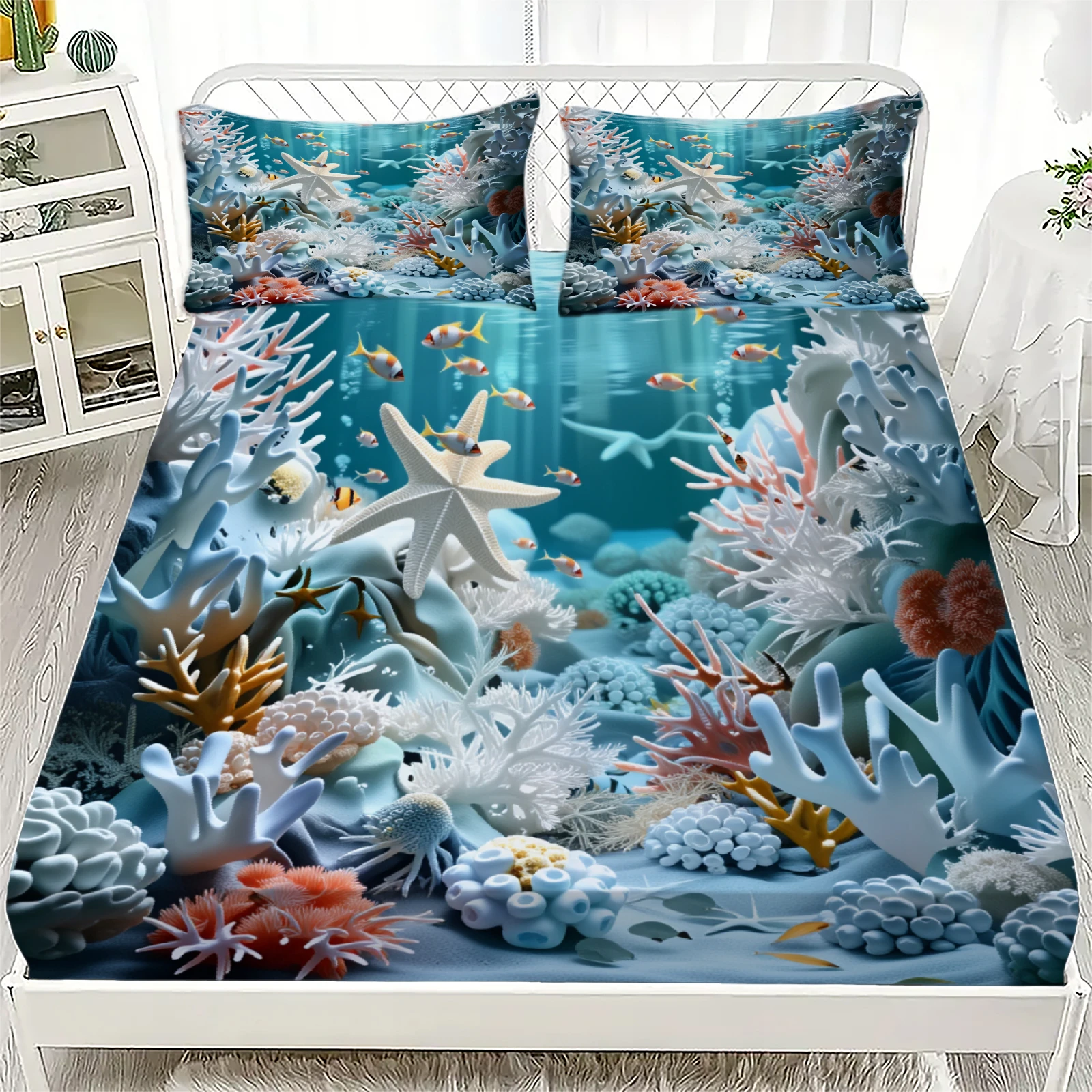 Ocean Coral Reef Fitted Sheet Set Blue Sea Life Print Bedding With Pillowcases For Bedroom