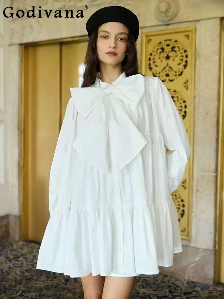 Elegancka francuska koszula z dużą kokardą, długi rękaw, styl japoński, damska luźna sukienka wyszczuplająca, krótka, codzienna, bazowa koszula/top.