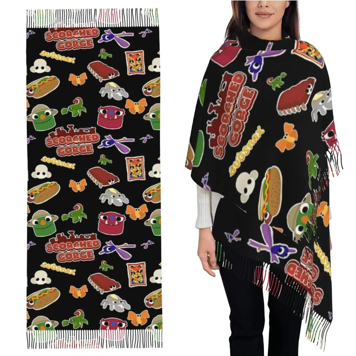 

Bugsnax Fan Art Scorched Gorge Шарф с кисточками Шарфы для женщин Мягкие теплые шали и накидки Большая осенне-зимняя шаль