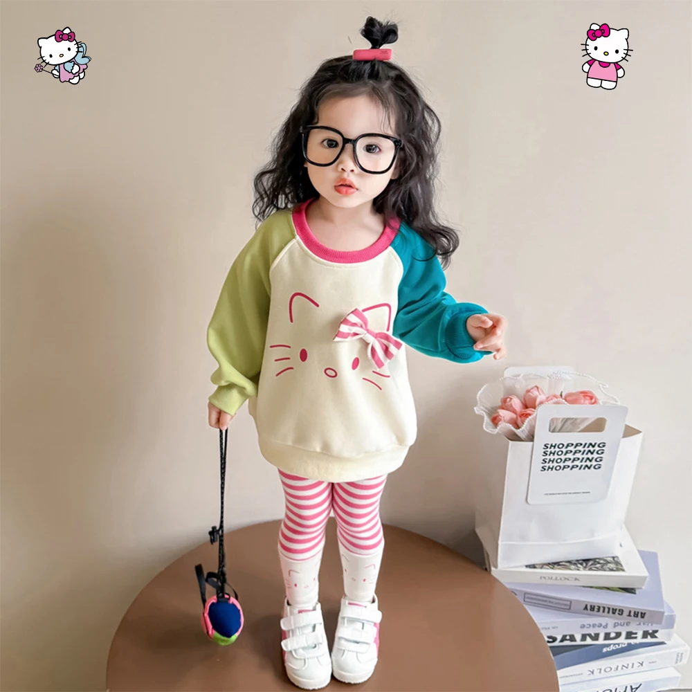 

Детский комплект из 2 предметов с рисунком Hellokitty для девочек, осенний стиль, каваи, аниме, милый Санрио, милые модные узкие брюки и топы, подарочный комплект