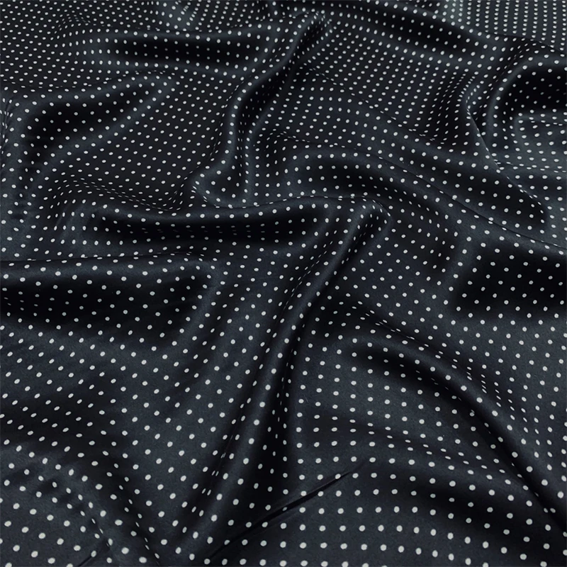 

1 meter 100% Mulberry Silk 16 momme Charmeuse Silk Fabric Black Dots Printed 114cm 45" wide by the yard JX216