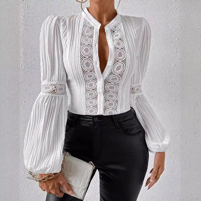 Women's 2024 Summer Fashion New Lace Panel Texture Fabric Long Sleeved Shirt Temperament Commuting Elegant Shirt