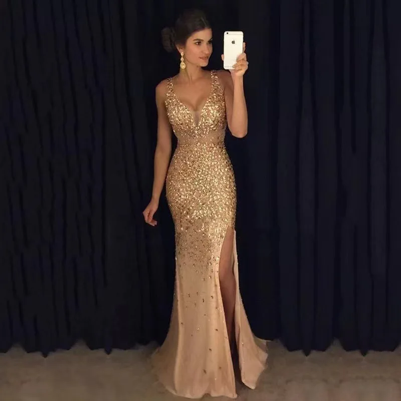 4 colorSummer New Fashion Sexy Deep V Neck Women Bling Split Gold Plated Dress Plus Size Floor Length Mermaid Long Evening Dress