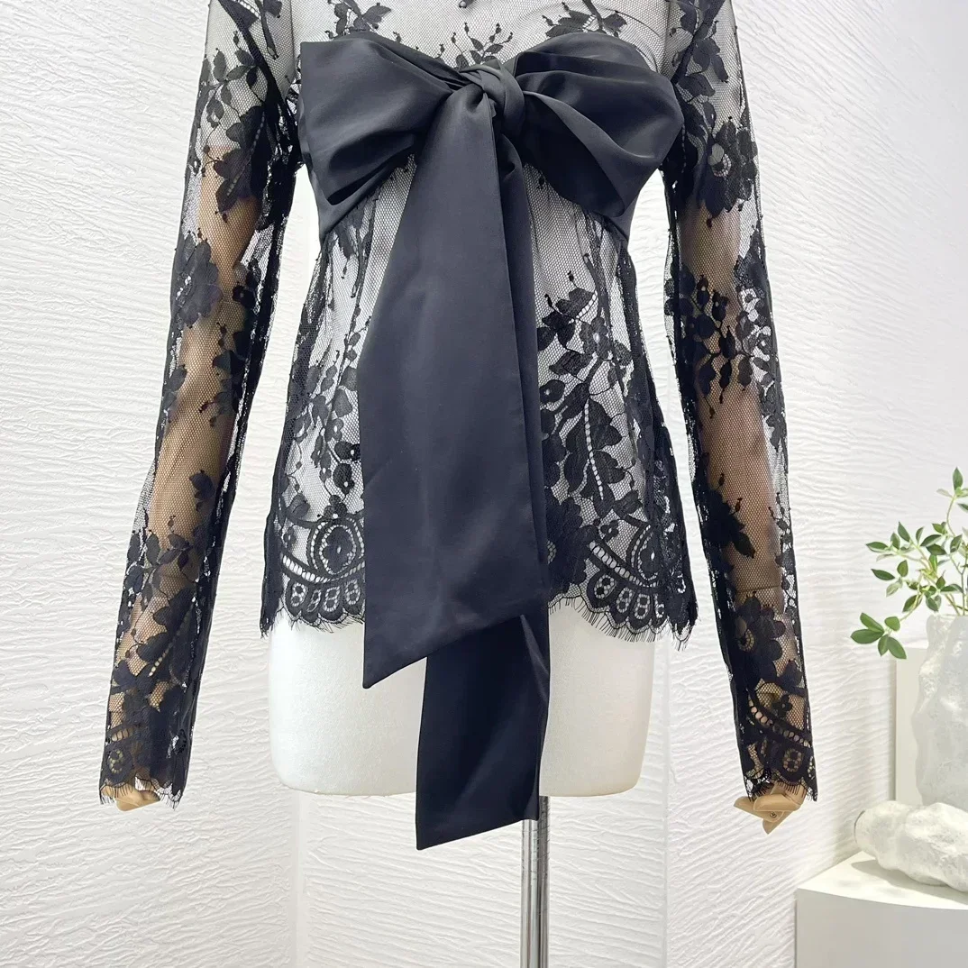 2024 New Vintage High Quality Black Silk Bow Lace Bodycon Full Sleeve Backless See-through Women Blouse Tops