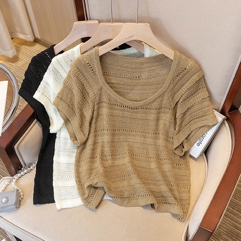 

Ele Hollow out Ice Silk Трикотажная футболка ort Sve Женская летняя футболка больших размеров Свободный крой Уникальный топ, закрывающий живот