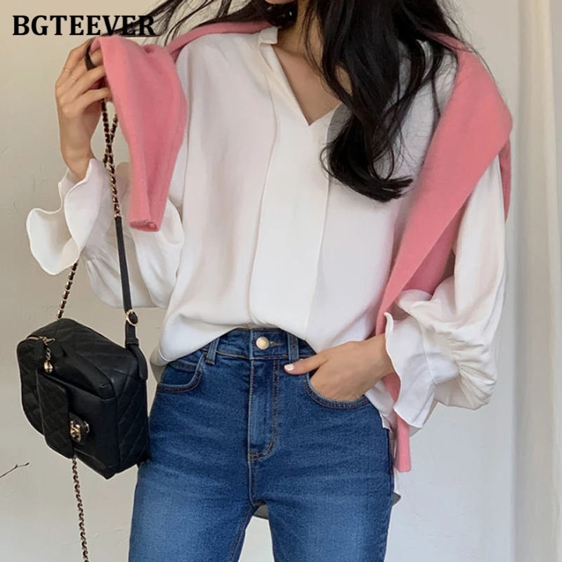 BGTEEVER Elegant V-neck Loose Female Pullovers Blouses Stylish Flare Sleeve Women Chiffon Shirts Autumn Ladies Solid Tops